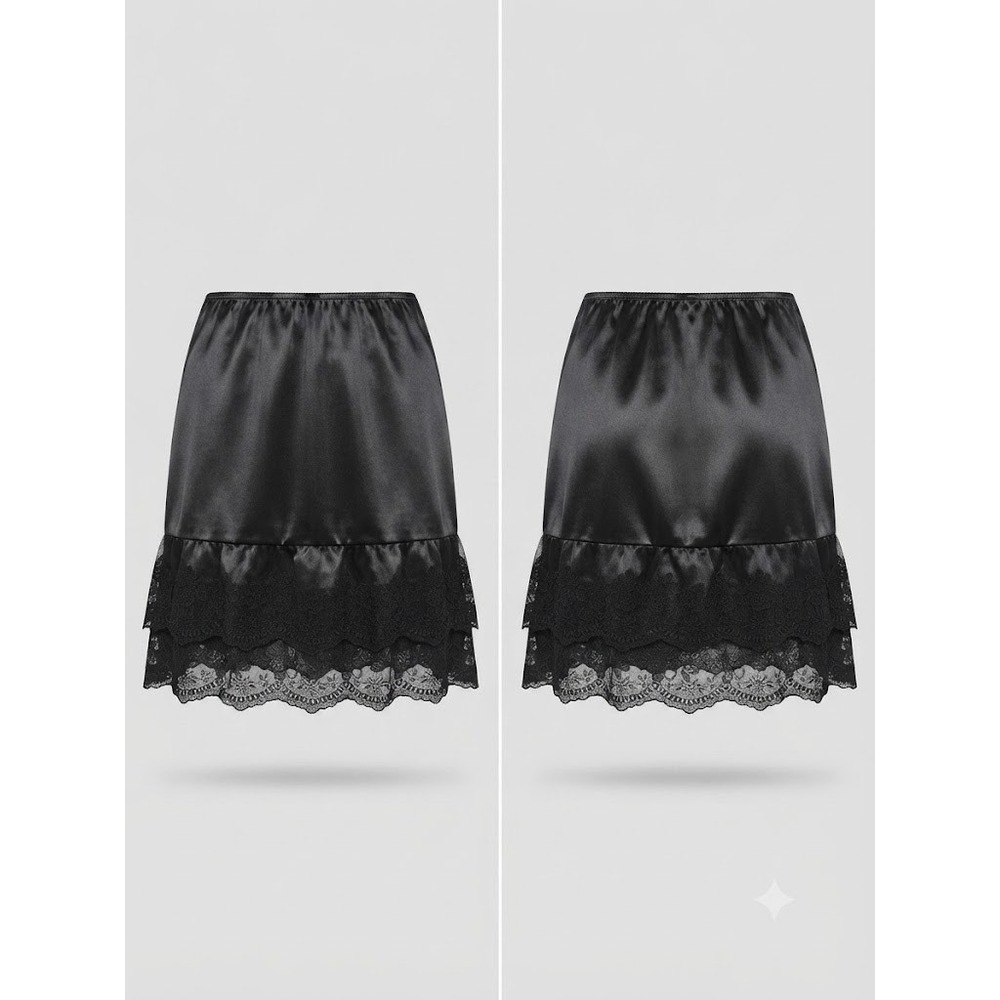 Melody Satin Mini Skirt Womens Medium Black‎ Lace Trim K5 Elastic Waist Tiered